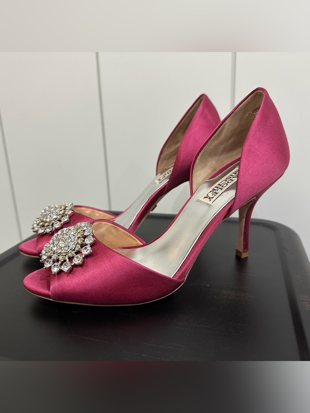 Badgley Mischka Fuchsia Satin D'Orsay Heels with Crystal Brooch